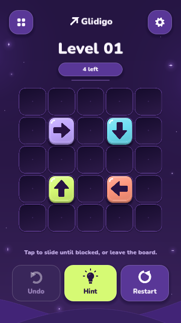 Glidigo: colorful arrow tiles on a purple puzzle board