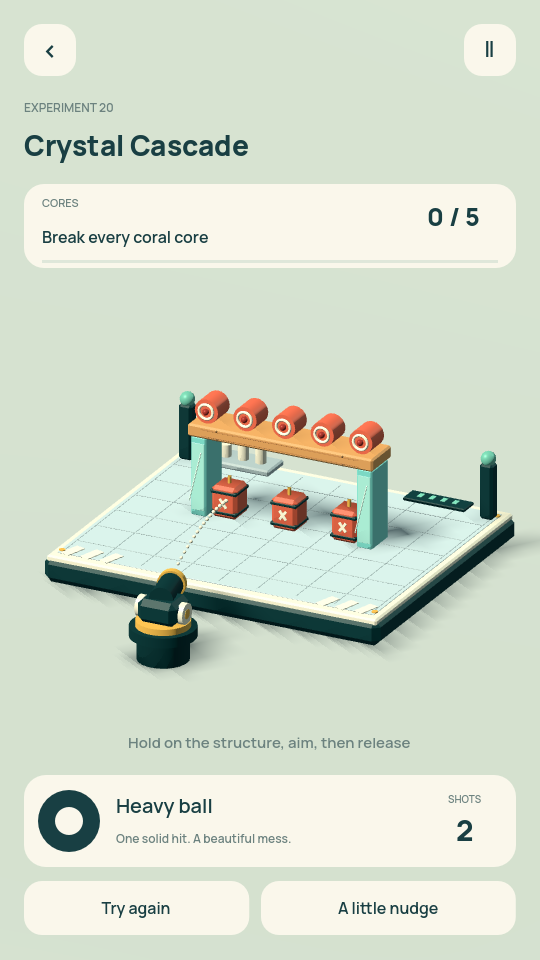 RubbleLab experiment 20: a dotted shot arc aimed at a miniature structure with coral cores and TNT.