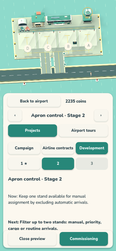 Apron control at Harbor: the installed first stage and a preview of the second stage, with current and next automation capabilities.