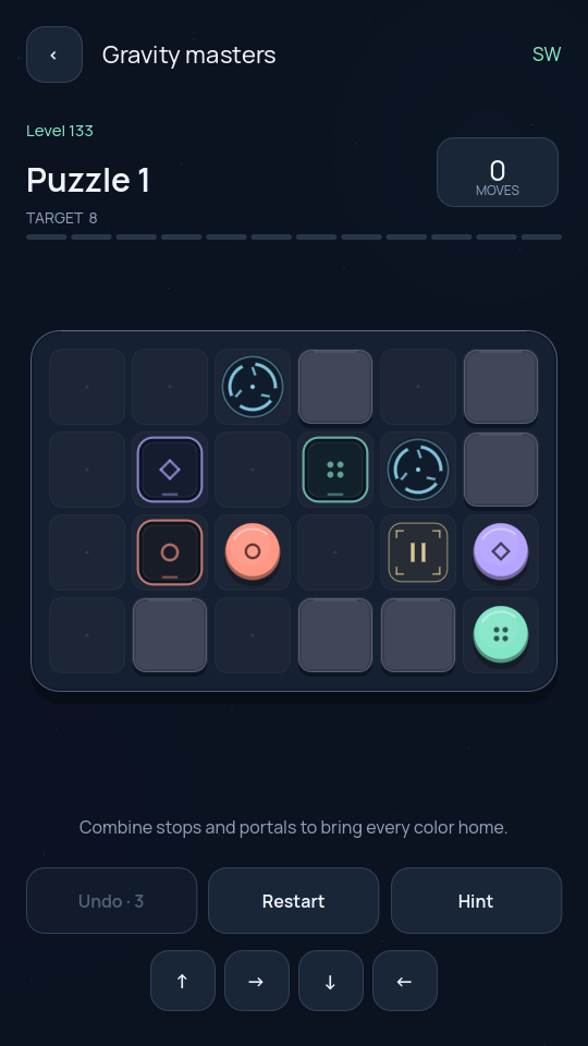 Swaydock level 133: three colored pieces, matching symbol docks, paired portals and a stop pad on a compact grid.