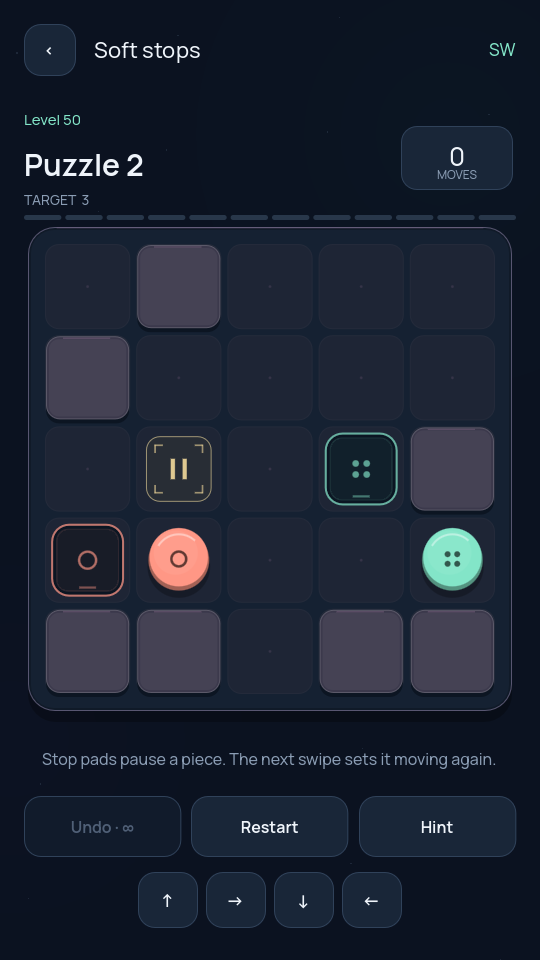 A real board with a gold pause symbol on a stop pad between two pieces and their docks.